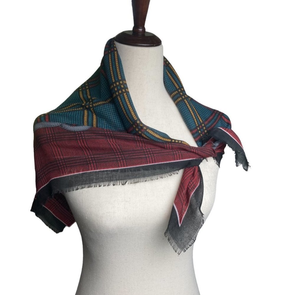 Rare Red Green Vintage Tartan Stripe Square Scarf Handkerchief Hair Wrap 28.5”
